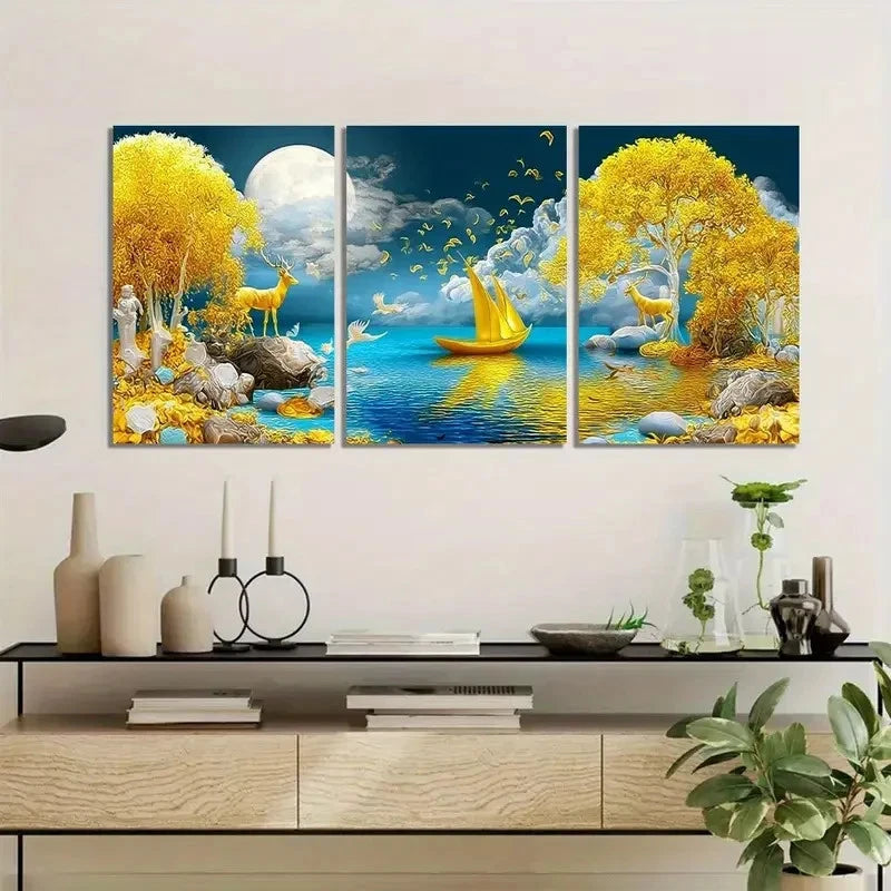 3pcs Fantasy Landscape with Yellow Trees Metal Print Ready to Hang Art