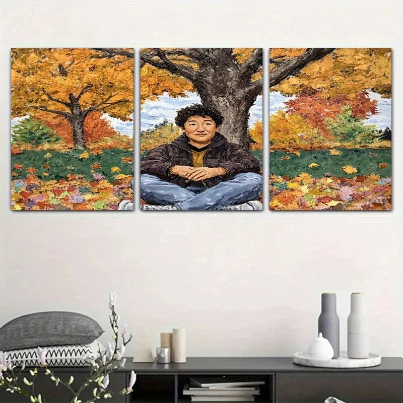 3pcs People Sitting in Autumn Metal Print Ready to Hang Art