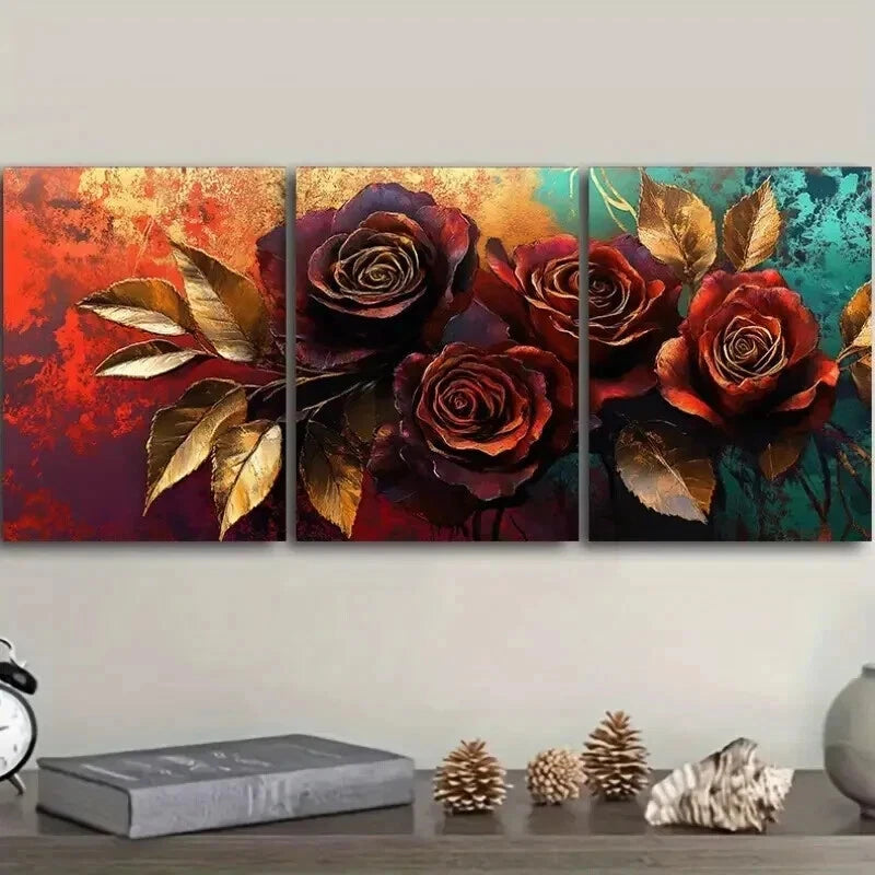 3pcs Painting Of A Rose In Golden Leaf Wall Art Set Canvas Framed 40x60cm - High Quality Print 100% Australian Made Wall Canvas Ready to Hang