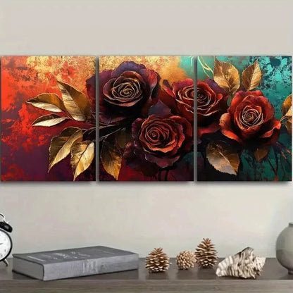 3pcs Painting Of A Rose In Golden Leaf Wall Art Set Canvas Framed 40x60cm - High Quality Print 100% Australian Made Wall Canvas Ready to Hang