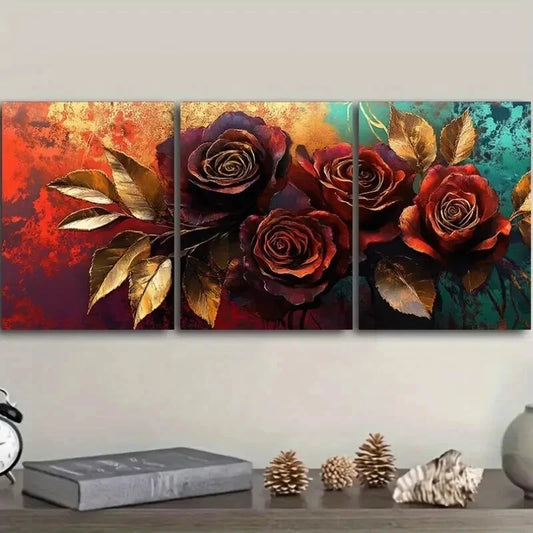 3pcs Painting Of A Rose In Golden Leaf Wall Art Set Canvas Framed 40x60cm - High Quality Print 100% Australian Made Wall Canvas Ready to Hang