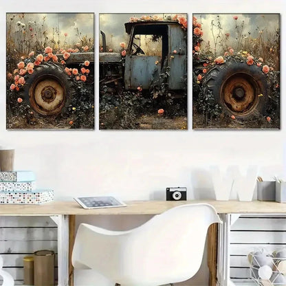 3pcs Vintage Tractor with Roses & Wildflowers Metal Print Ready to Hang Art