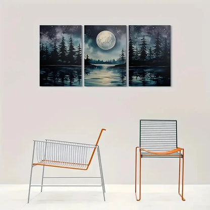 3pcs Night Moonlit Forest Painting Metal Print Ready to Hang Art