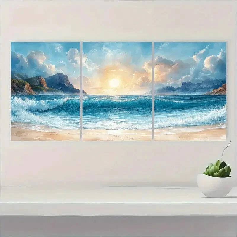 3pcs Ocean Beach Sunset with Waves and Mountains Metal Print Ready to Hang Art