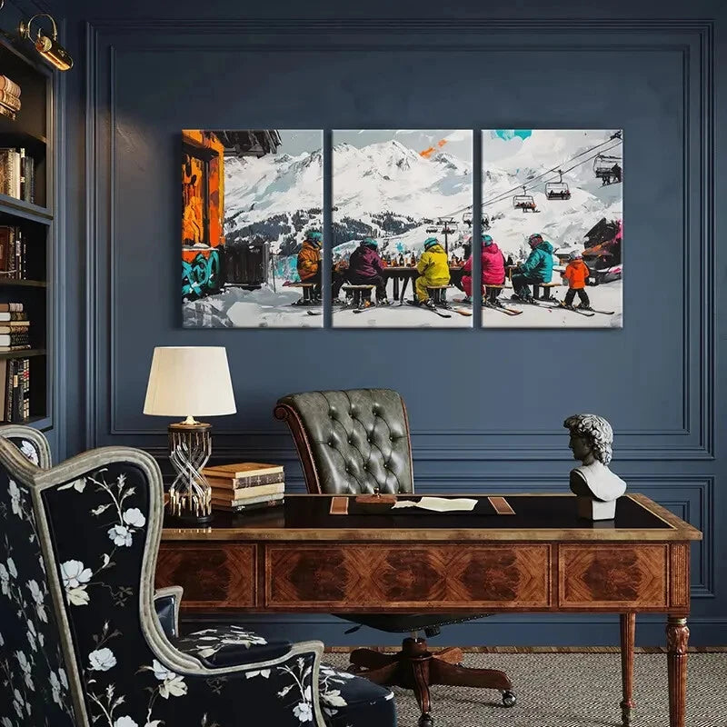 3pcs Snowy Mountains Ski Resort Cable Cars Metal Print Ready to Hang Art