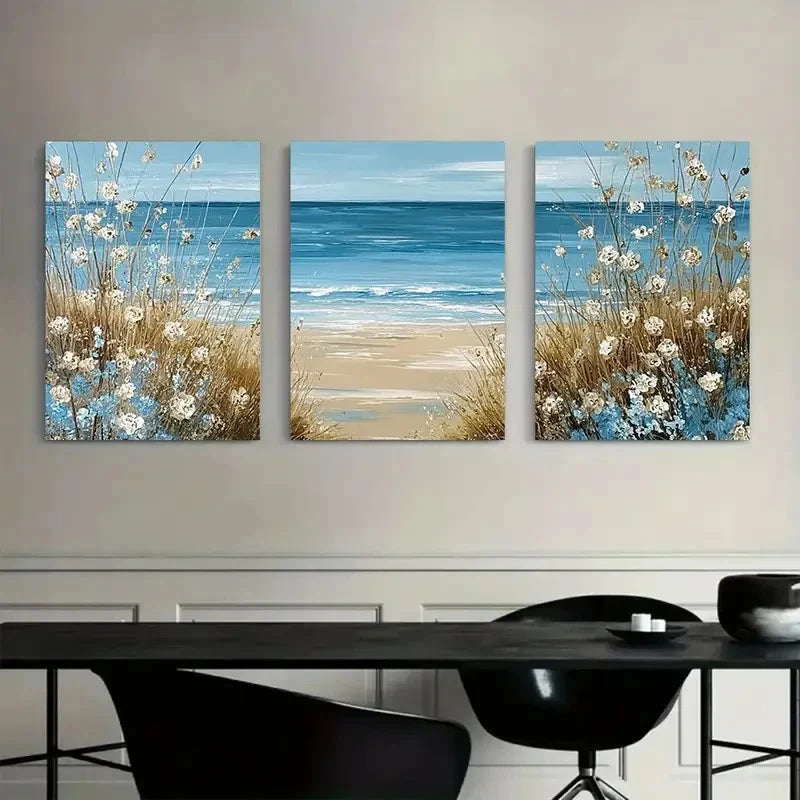 3pcs Beach Scene with Blue Water and Brown Grass Metal Print Ready to Hang Art