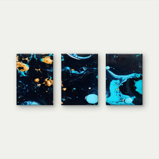 3pcs Cosmic Blue and Gold Fluid Abstract Marble Wall Art Set Canvas Framed 50x70cm - High Quality Print 100% Australian Made Wall Canvas Ready to Hang