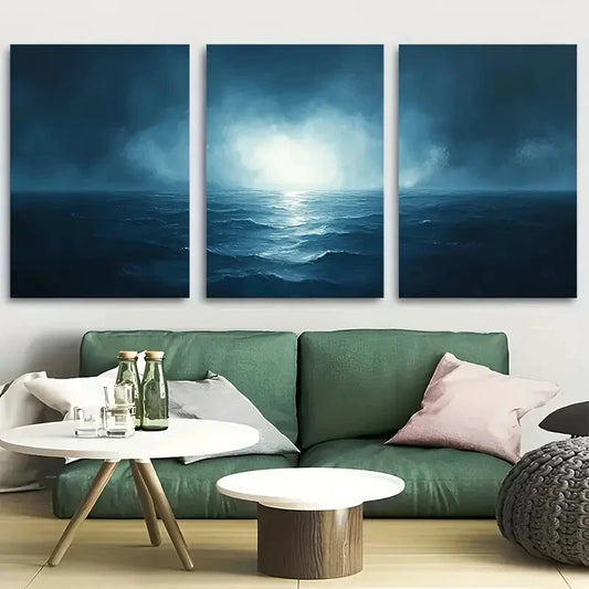 3pcs Minimalist Ocean Misty Horizon Metal Print Ready to Hang Art