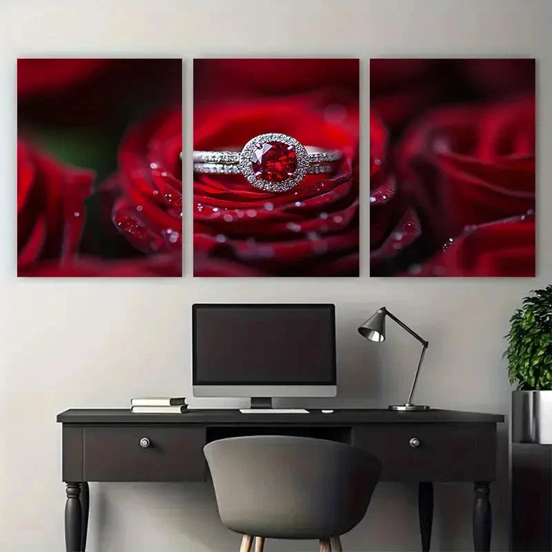 3pcs Red Rose & Wedding Ring with Diamond Metal Print Ready to Hang Art