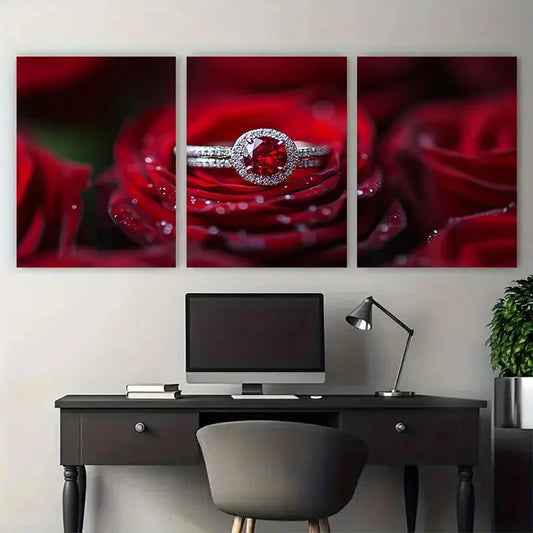 3pcs Red Rose & Wedding Ring with Diamond Metal Print Ready to Hang Art