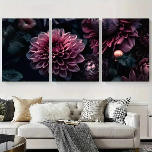 3pcs Abstract Deep Purple Floral Metal Print Ready to Hang Art