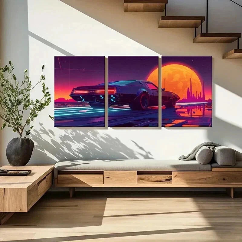 3pcs Aesthetic Art Sunset Boulevard Cars Wall Art Set Canvas Framed 40x60cm - High Quality Print 100% Australian Made Wall Canvas Ready to Hang