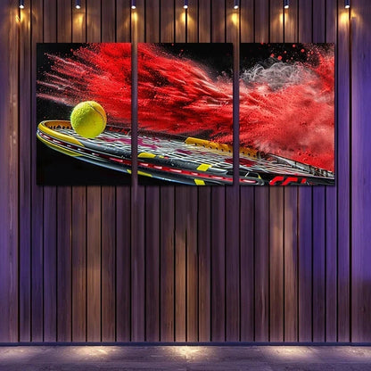 3pcs Yellow Tennis Ball Impacting a Racket Metal Print Ready to Hang Art