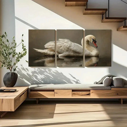 3pcs Elegant Water Swan Art White Feathers Metal Print Ready to Hang Art