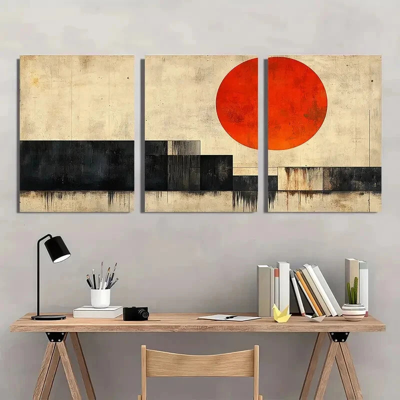 3pcs Black Orange Beige Geometric Design Metal Print Ready to Hang Art