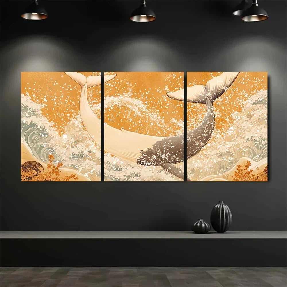 3pcs Summer Whale Tails Splashing Updo Style Metal Print Ready to Hang Art