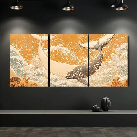 3pcs Summer Whale Tails Splashing Updo Style Metal Print Ready to Hang Art