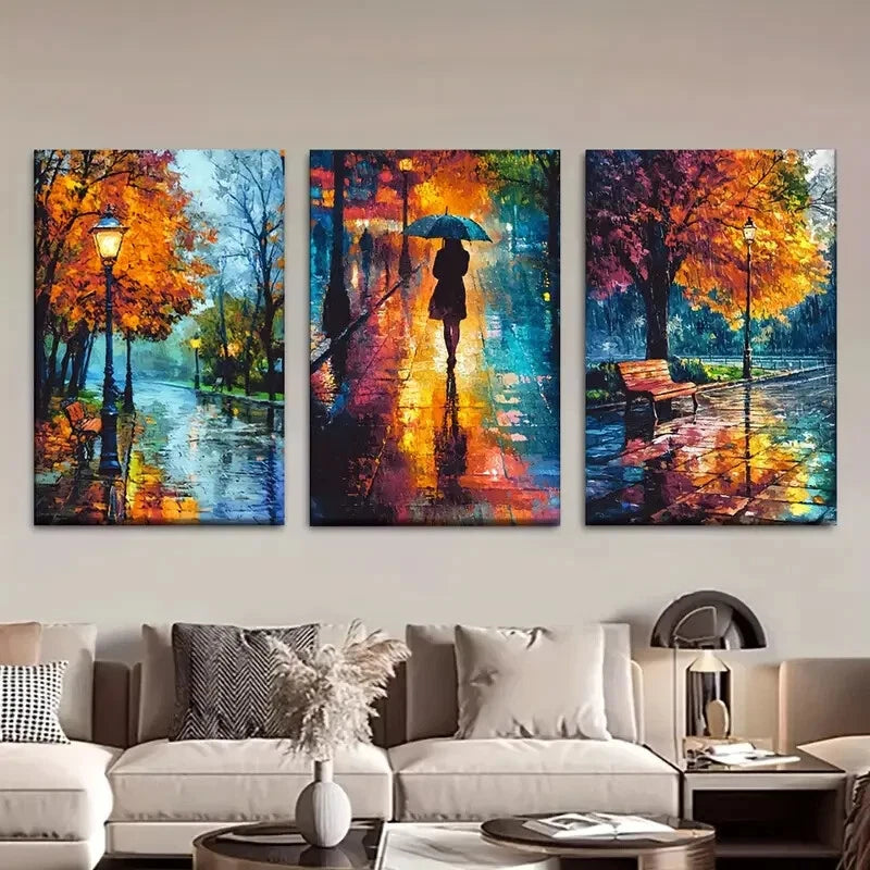 3pcs Abstract Vibrant Autumn Street Scene Metal Print Ready to Hang Art