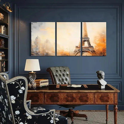3pcs Eiffel Tower Abstract Golden Hue Cityscape Metal Print Ready to Hang Art
