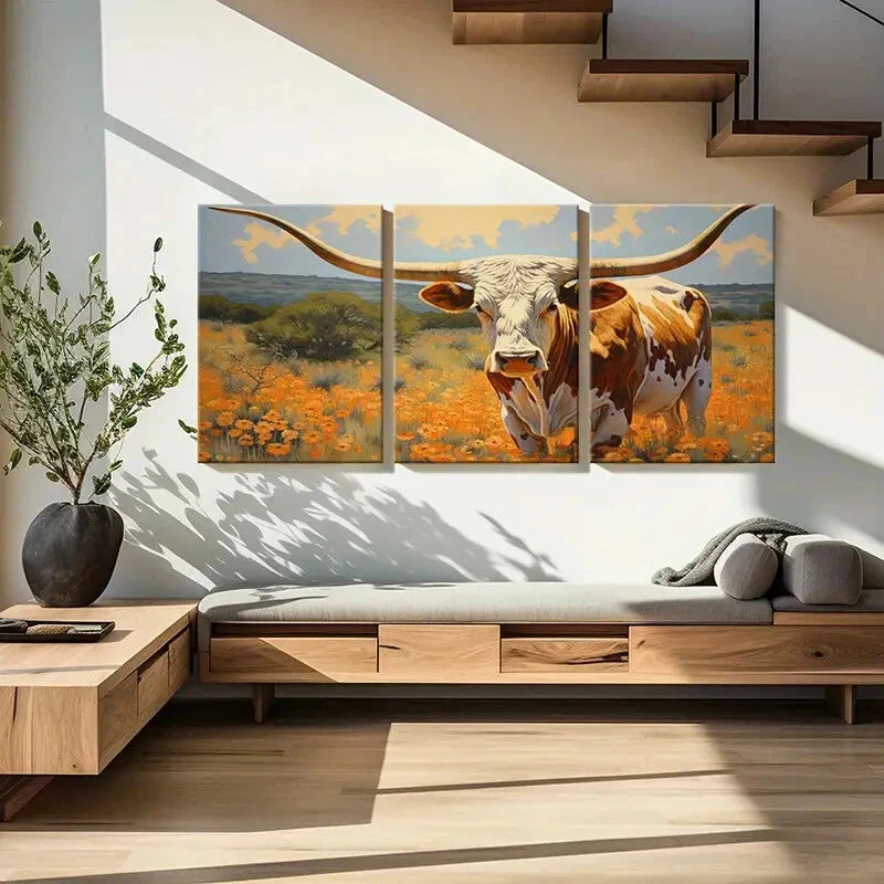 3pcs Vibrant Texas Landscape & Orange Flowers Metal Print Ready to Hang Art