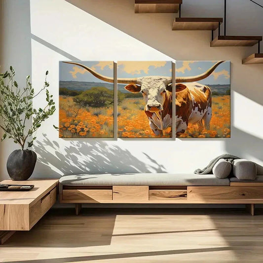 3pcs Vibrant Texas Landscape & Orange Flowers Metal Print Ready to Hang Art