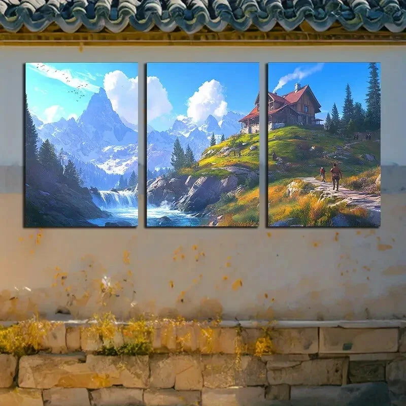 3pcs Scenic Mountain Landscape with Forest Hut Metal Print Ready to Hang Art