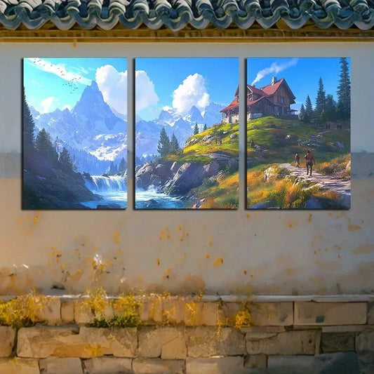 3pcs Scenic Mountain Landscape with Forest Hut Metal Print Ready to Hang Art