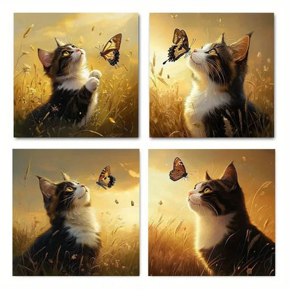 4pcs Butterfly And CatWall Art Canvas Framed