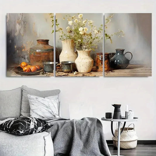 3pcs Vintage Pots and Flowers Metal Print Ready to Hang Art