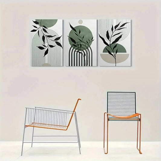 3pcs Abstract Green Leaf Geometric & Botanical Metal Print Ready to Hang Art