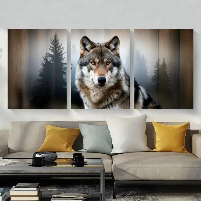 3pcs Wolf and Pine Tree Style Animal Print Metal Print Ready to Hang Art