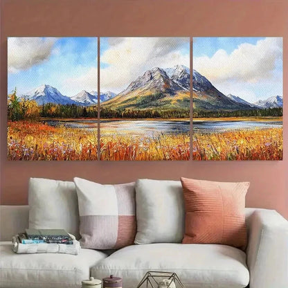 3pcs Vibrant Autumn Scenery with Snow-Capped Peaks Metal Print Ready to Hang Art