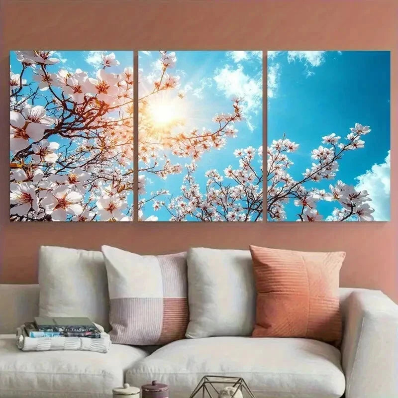 3pcs Blossom Tree Under Sun Blue Skies Metal Print Ready to Hang Art