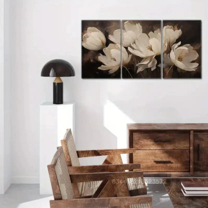 3pcs White Tulips on Dark Background Metal Print Ready to Hang Art