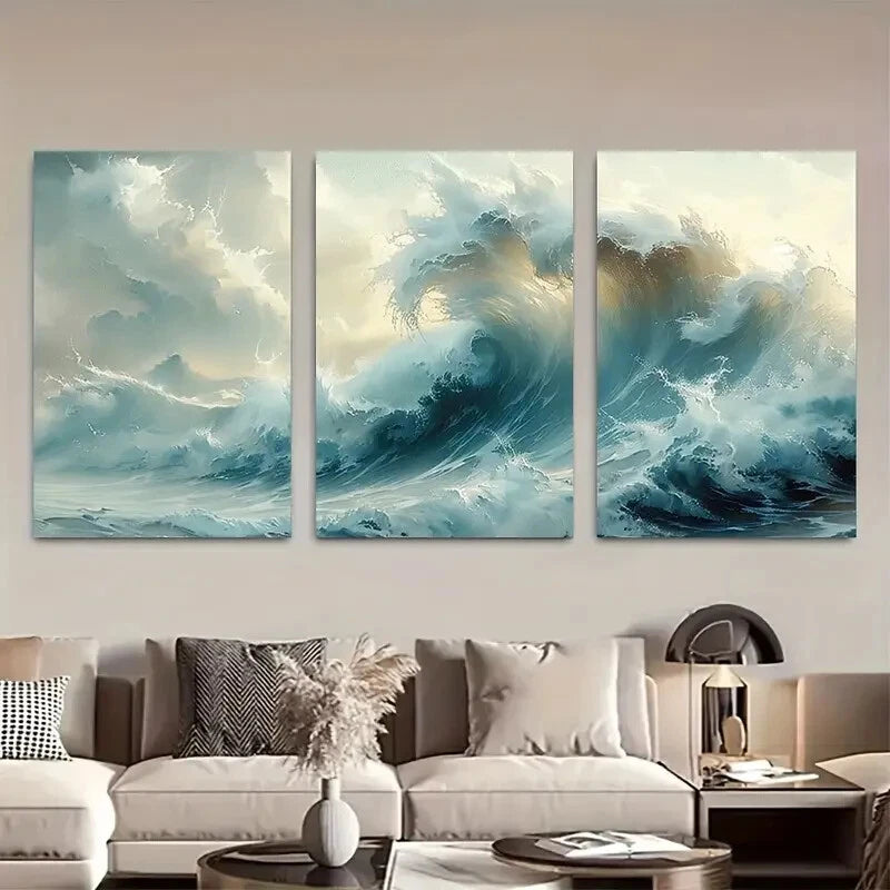 3pcs Vibrant Blue & White Ocean Wave Painting Metal Print Ready to Hang Art