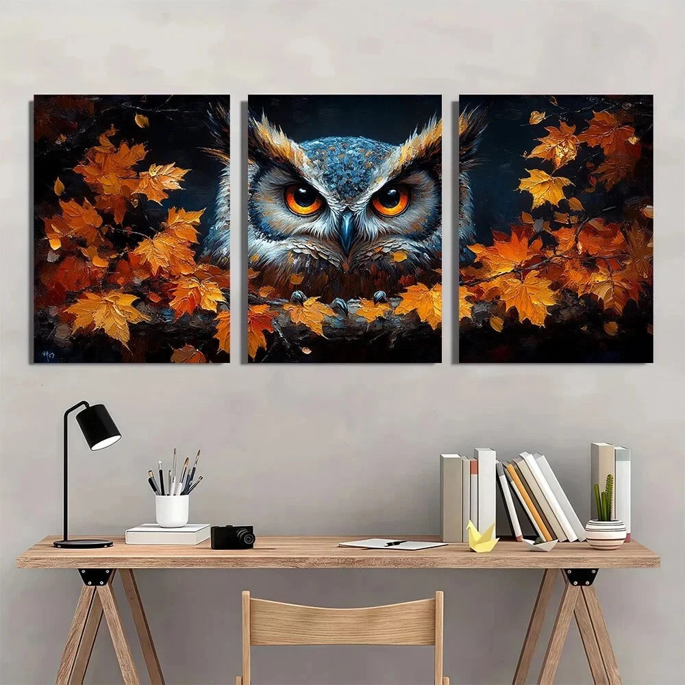 3pcs Halloween Owl Autumn Leaves Metal Print Ready to Hang Art