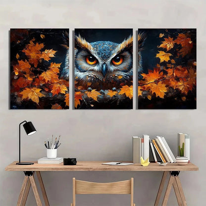 3pcs Halloween Owl Autumn Leaves Metal Print Ready to Hang Art