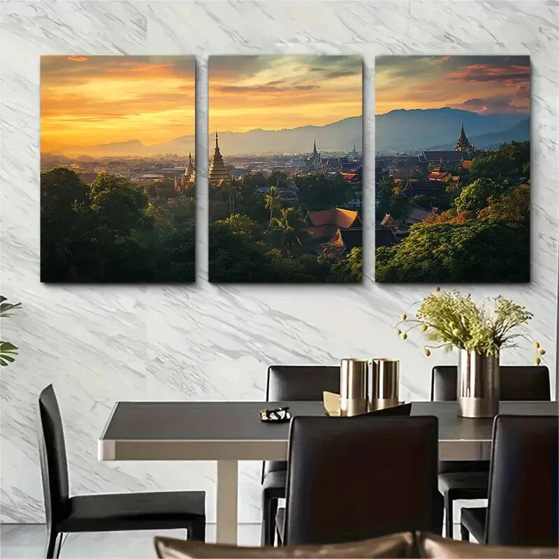 3pcs Vibrant Sunset View of Temples & Mountains Metal Print Ready to Hang Art