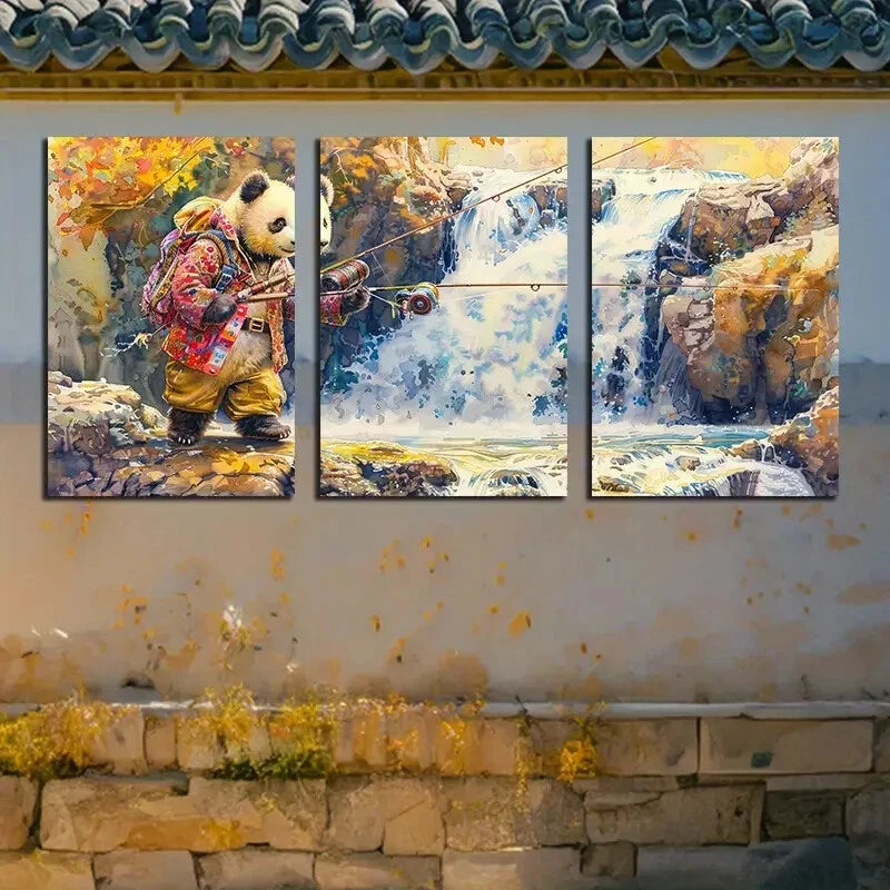 3pcs Whimsical Panda Fishing Metal Print Ready to Hang Art