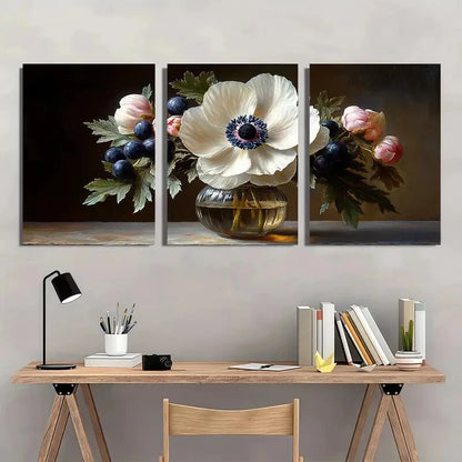 3pcs Sweet Anemone & Blueberries Still Life Art Metal Print Ready to Hang Art