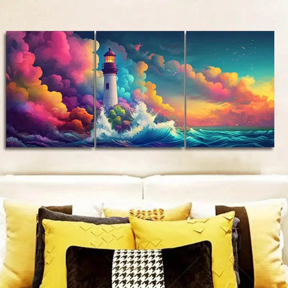 3pcs Luxurious Lighthouse on the Sea Metal Print Ready to Hang Art