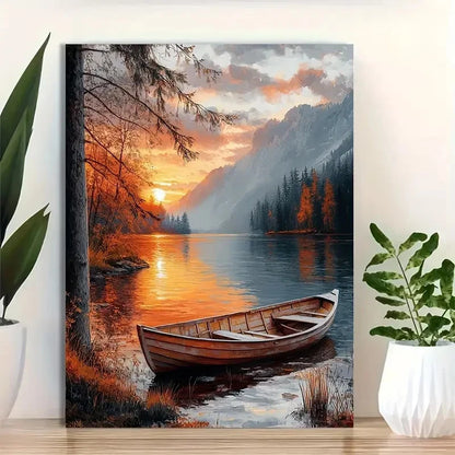 Beautiful Sunrise Lake Scenery Serene Painting 40x60cm Metal Print Ready to Hang