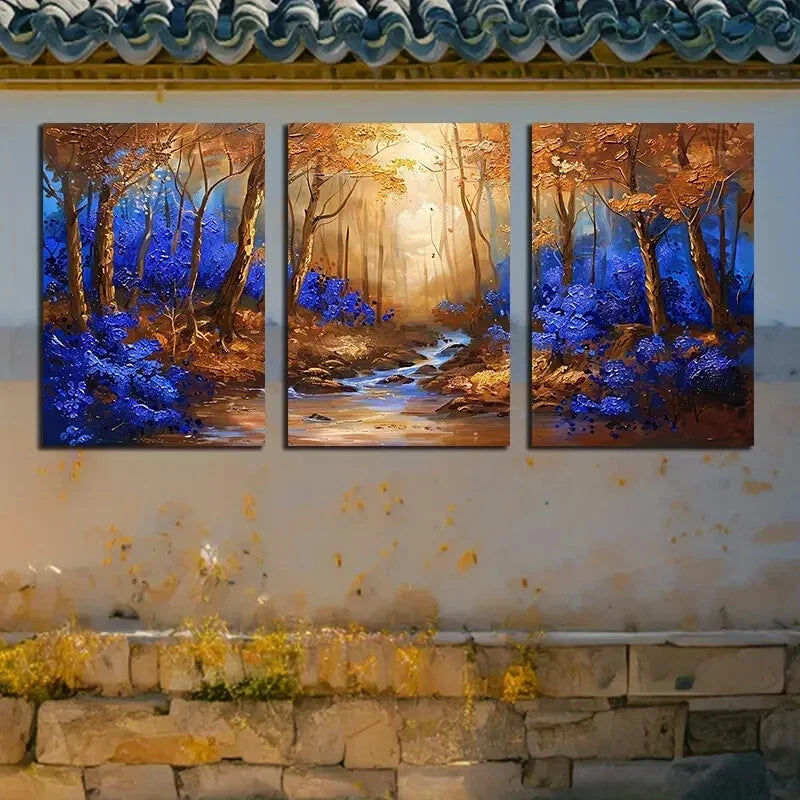 3pcs Fairy Tale Forest with Blue Floral Metal Print Ready to Hang Art