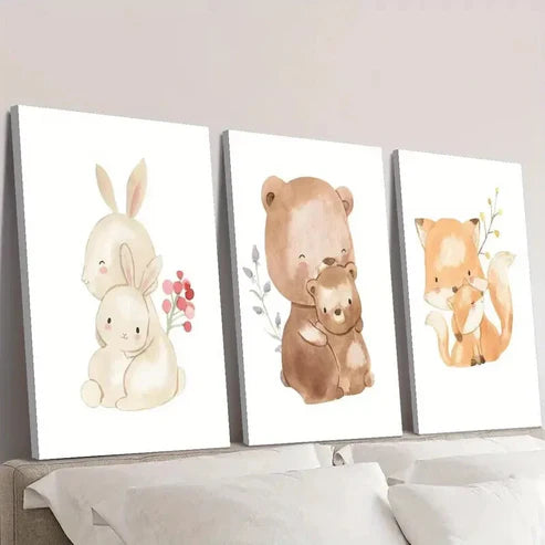 3pcs Cartoon Bunny & Bear Family, Cute Animal Wall Art Canvas Unframed - High Quality Print 100% Australian Made Wall Canvas