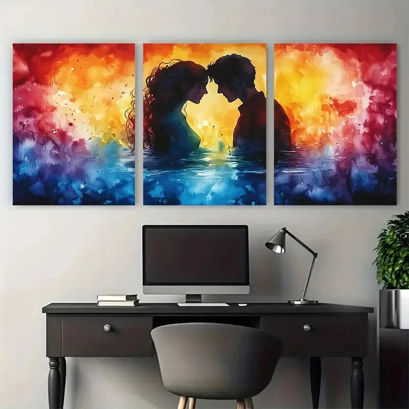3pcs Vibrant Watercolor Couple in water Scene Metal Print Ready to Hang Art
