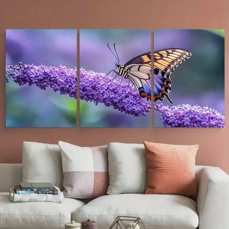 3pcs Shot of Purple Buddleia Flower with Butterfly Metal Print Ready to Hang Art