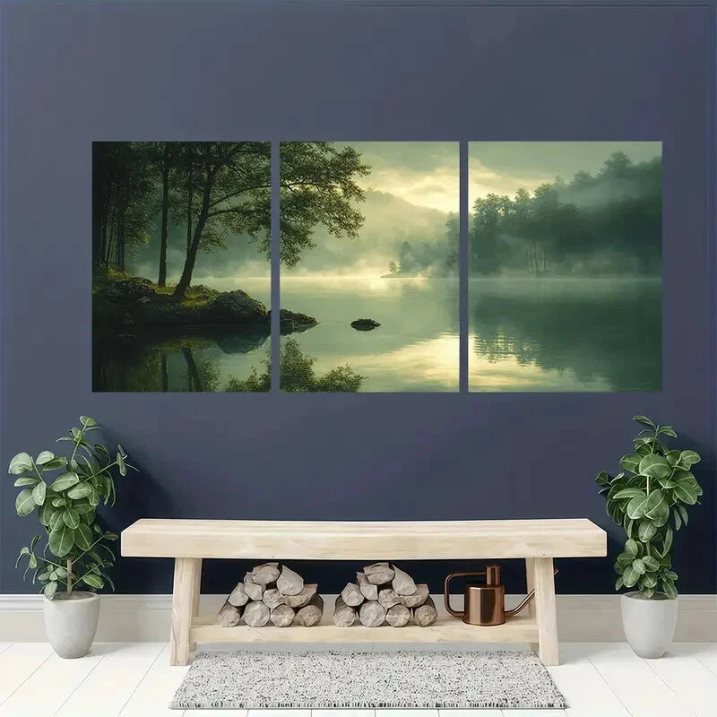 3pcs Ethereal Green Landscape Tranquil Nature Metal Print Ready to Hang Art