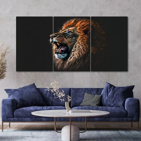 3 Piece Roaring Blue Eyes Lion Canvas Framed 60x90cm - High Quality Print 100% Australian Made Wall Canvas Ready to Hang