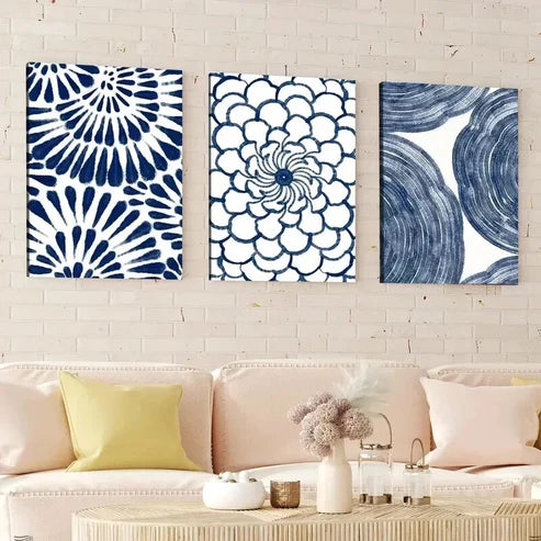3pcs Abstract Geometric Navy Blue Floral Design Wall Art Canvas Unframed - High Quality Print 100% Australian Made Wall Canvas
