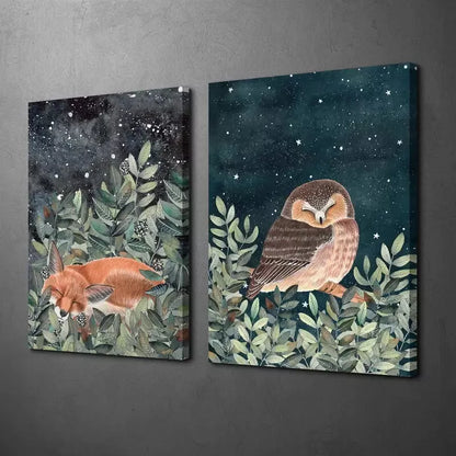 2pcs Decorative Painting, Nocturnal Animals, Cute Style Canvas Framed 50x75cm - High Quality Print 100% Australian Made Wall Canvas Ready to Hang
